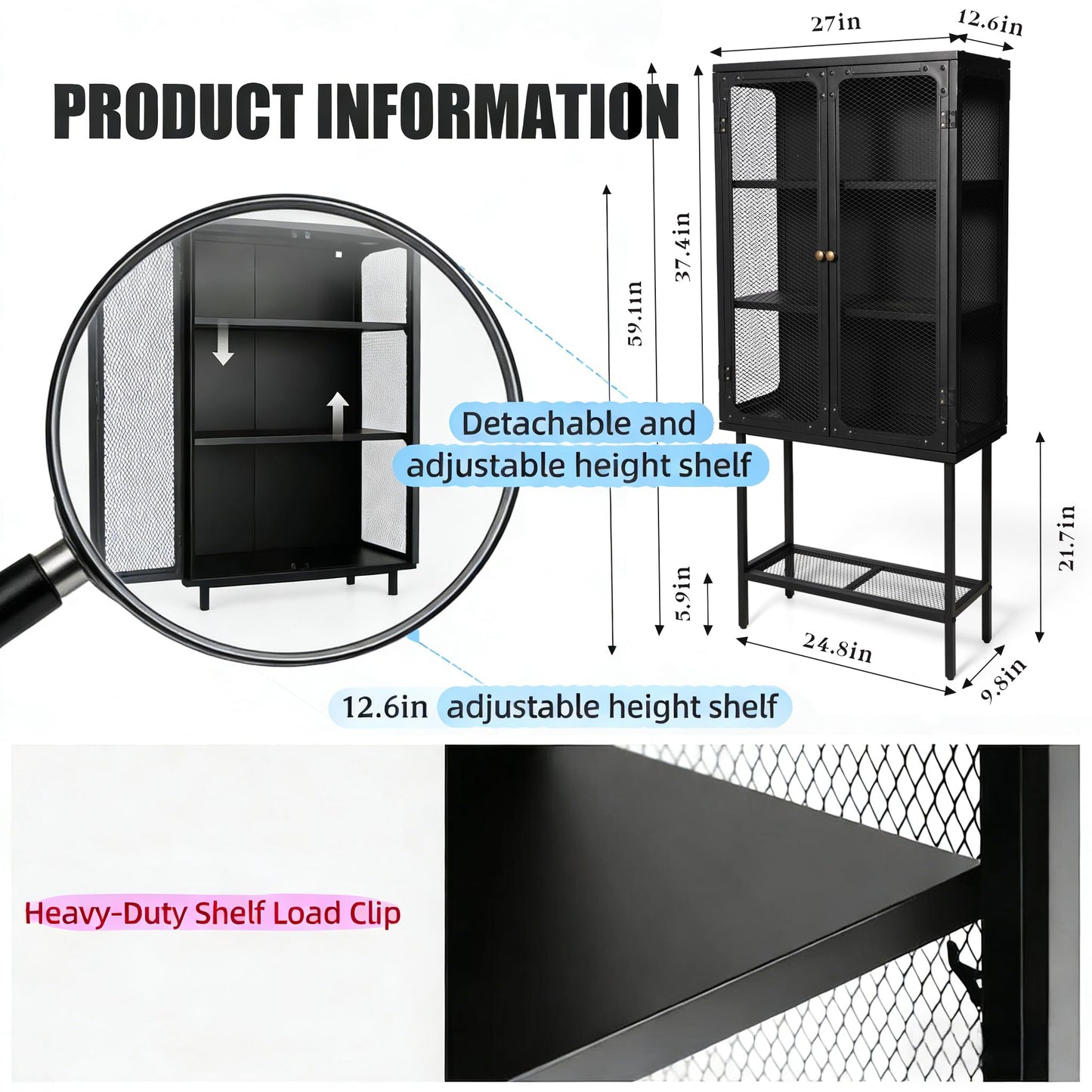 LOKKHAN Industrial Metal Display Cabinet, Black Mesh Door Storage Unit with Retro Handles, 59.1 x 27 x 12.6 Inch Tall Standing Shelving, Magnetic Holders, Adjustable Feet