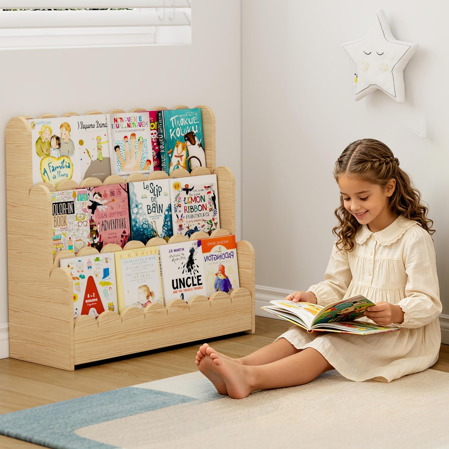 HADAMUYE 3-Tier Kids Bookshelf, Scalloped Montessori Bookshelf for Toddler and Baby, Small Childrens Bookcase, Solid Wood Book Shelf for Kids Room, Nursey, Playroom and Classroom, Natural