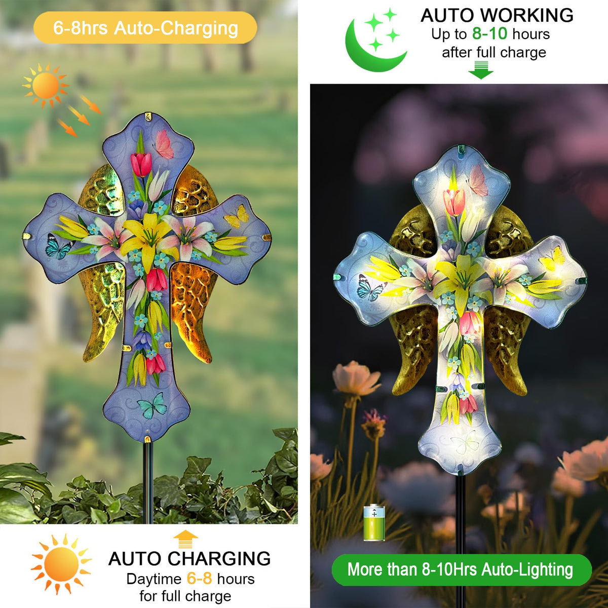 Solar Cross Garden Stakes for Graves,Lily Cemetery Decorations Yard Patio Decor,Golden Angel Wings Cross Lights Outdoor,Remembrance Gifts