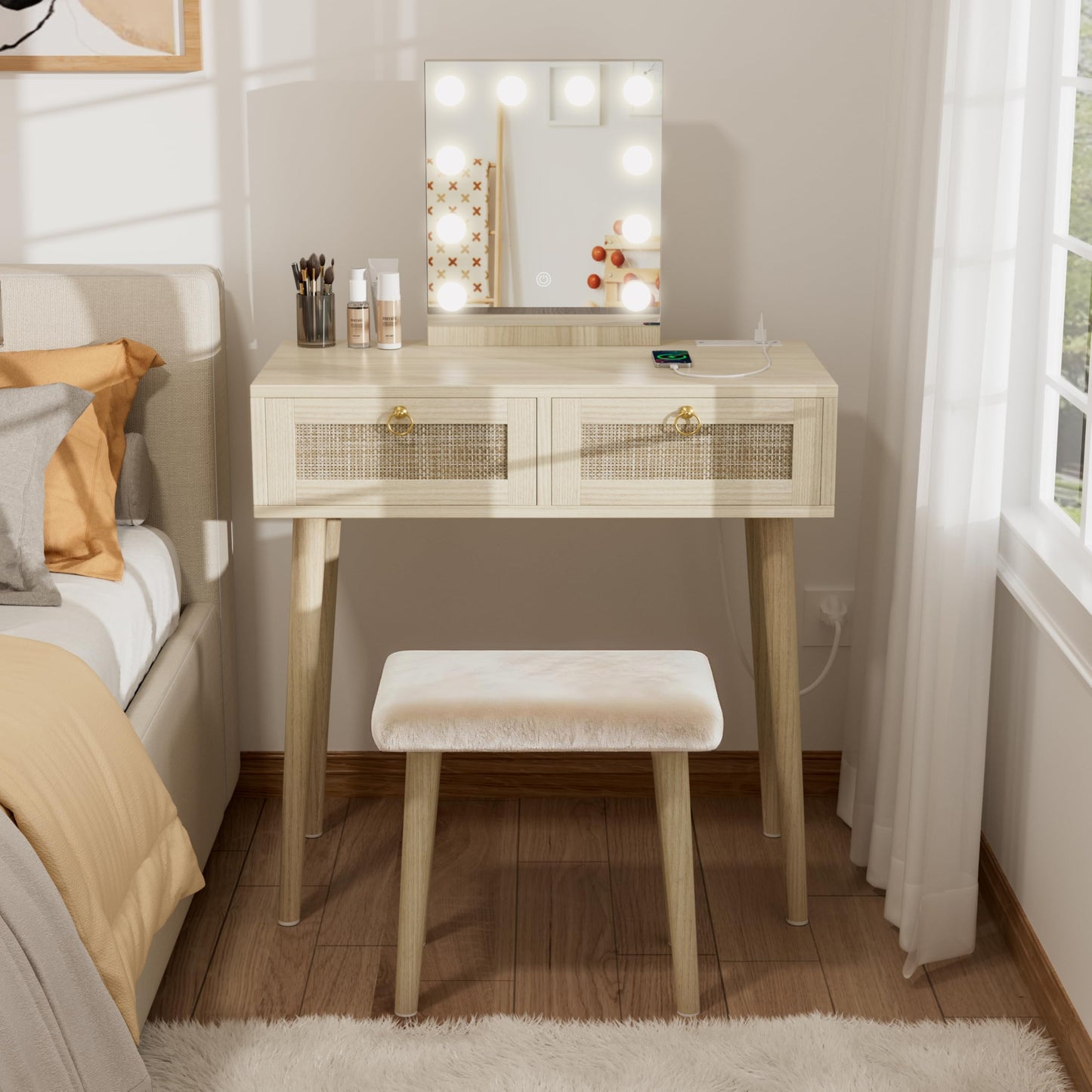 BOLUO Makeup Vanity Desk with Hollywood Mirror and Lights, Boho Girls Vanity Set with Stool, Make Up Dressing Table with Drawers and Outlet for Bedroom