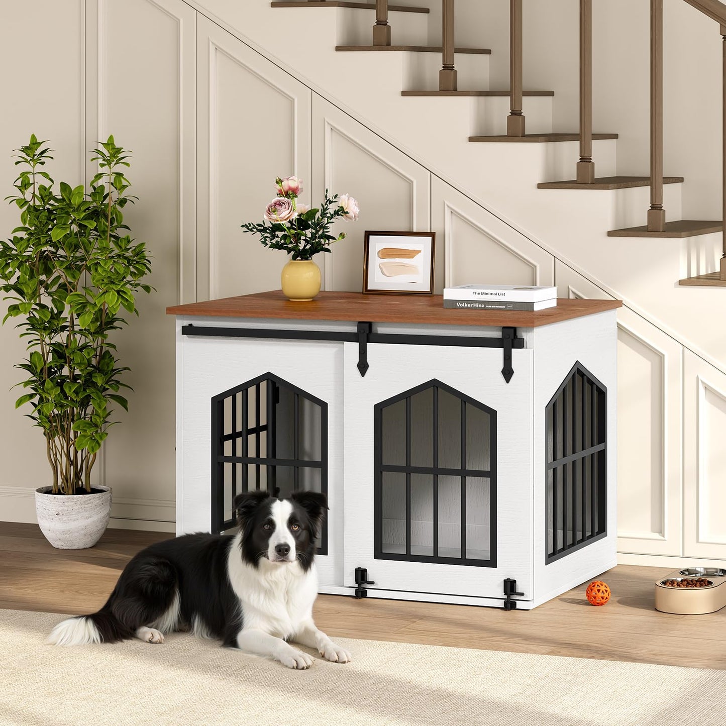 MAHANCRIS Dog Crate Furniture, 31.5" Farmhouse Dog Kennel with Sliding Barn Door, Wooden Dog Cage for Small Medium Dogs, Decorative Pet House Side End Table, Chew-Resistant, White and Walnut DCBA9601