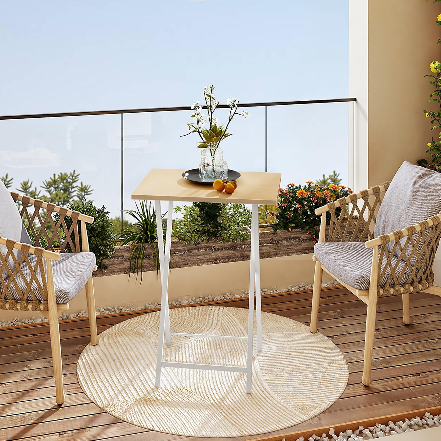 HOOBRO Folding TV Tray Tables, Set of 2 Side Table for Small Space, Industrial Snack Tables for Eating at Couch, Stable Metal Frame, Easy Assembly, Space Saving, Natural and White WN25BZ01