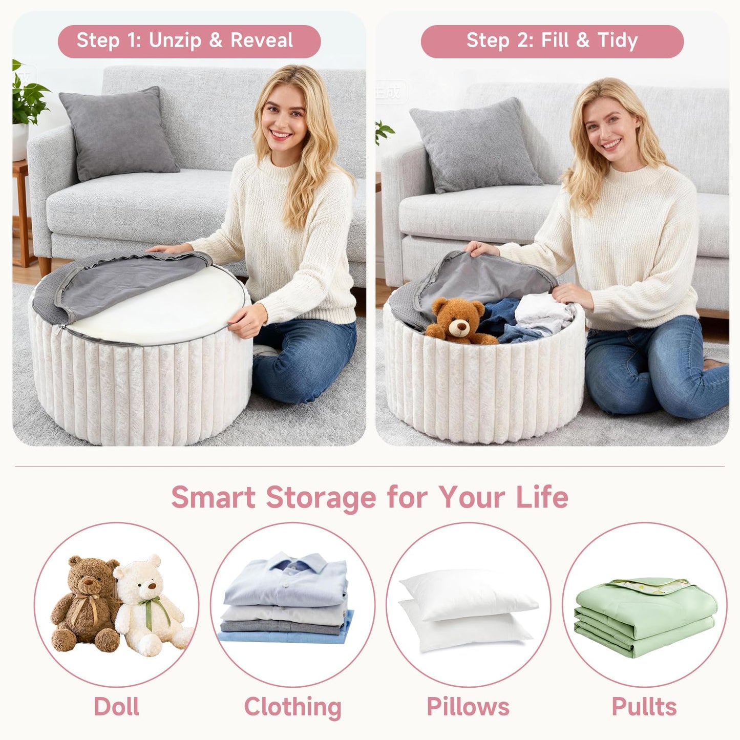 Tiita Floral Pouf Ottoman, Foot Stools Ottoman with Foam Chunk Filling, Puff Foot Rest for Couch, Living Room, Kids Room, Pink