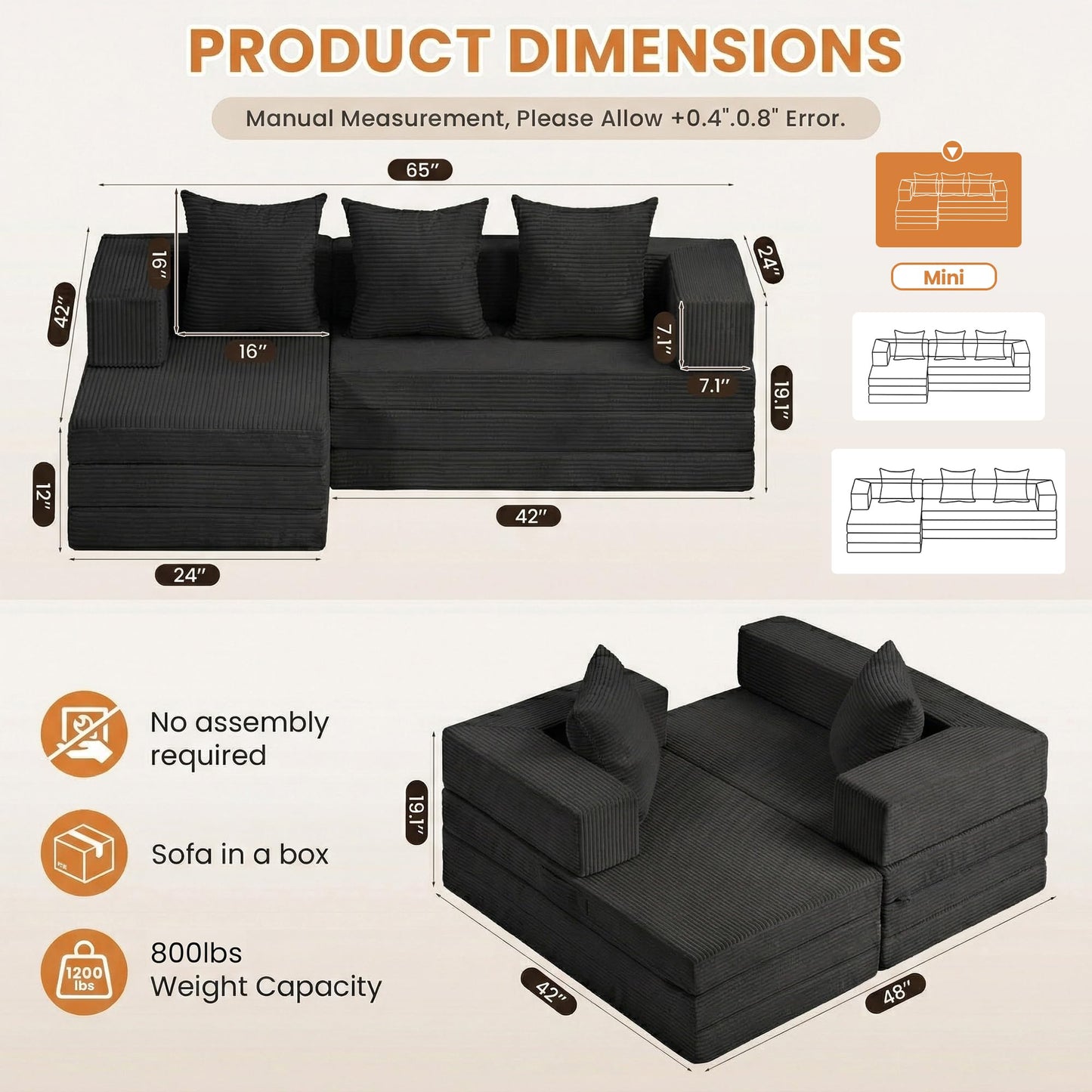 65" Boneless Couch,Convertible Sleeper Sofa Bed, Mini Modular Sectional Sofa, Modern Tri-Folding Cloud Couch with L-Shape Chaise, Corduroy Futon Couches for Small Spaces Apartment,No Assembly,Black
