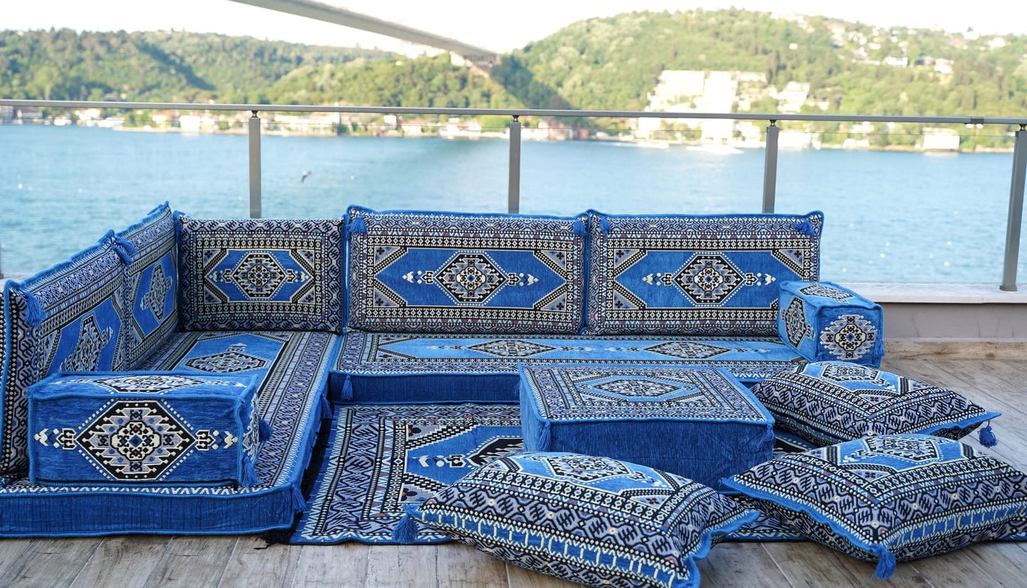 L Shaped Arabic Floor Cushions, Sectional Sofas, Arabic Majlis Set, Custom Made Sofa, Arabic Sofa Set, Seating Cushions (4'' Thickness Sofa, L Sofa Full Set, Blue)