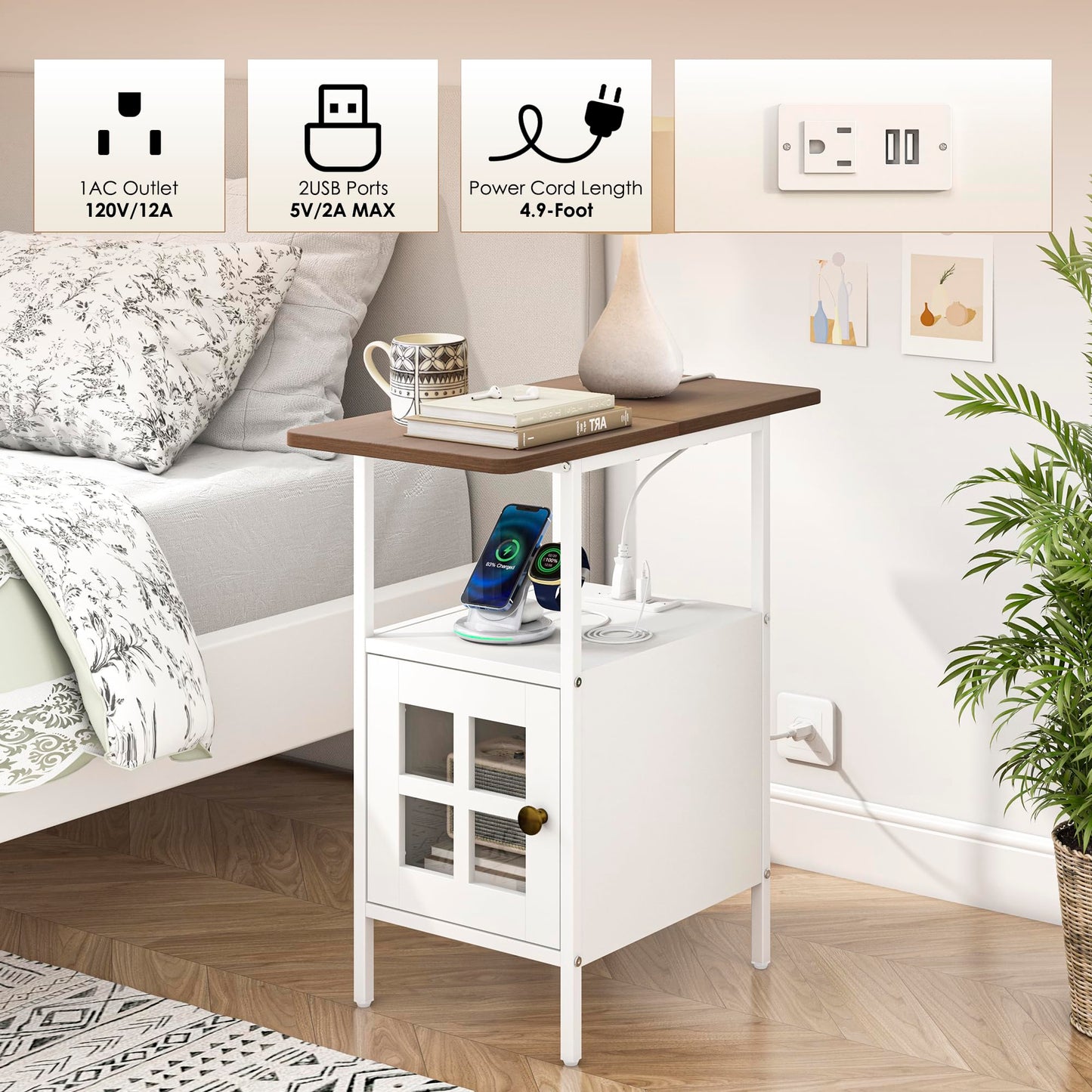 Farmhouse Narrow Side Table with Charging Station - 3-Tier End Table with USB & Outlets Compact Bedside Storage Table for Small Spaces, Multi-Functional Accent Table for Bedroom, Couch Corner Entryway