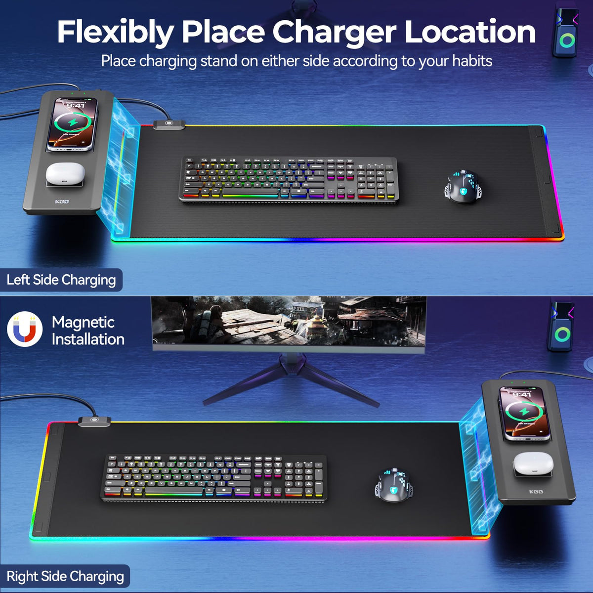 KDD RGB Mouse Pad with Wireless Charging - Desk Mat with Phone Holder and 15W Fast Charger - Gaming Mousepad with Ultra-Smooth Surface, Non-Slip Base - Keyboard Mat for Home Office Gamer Accessories