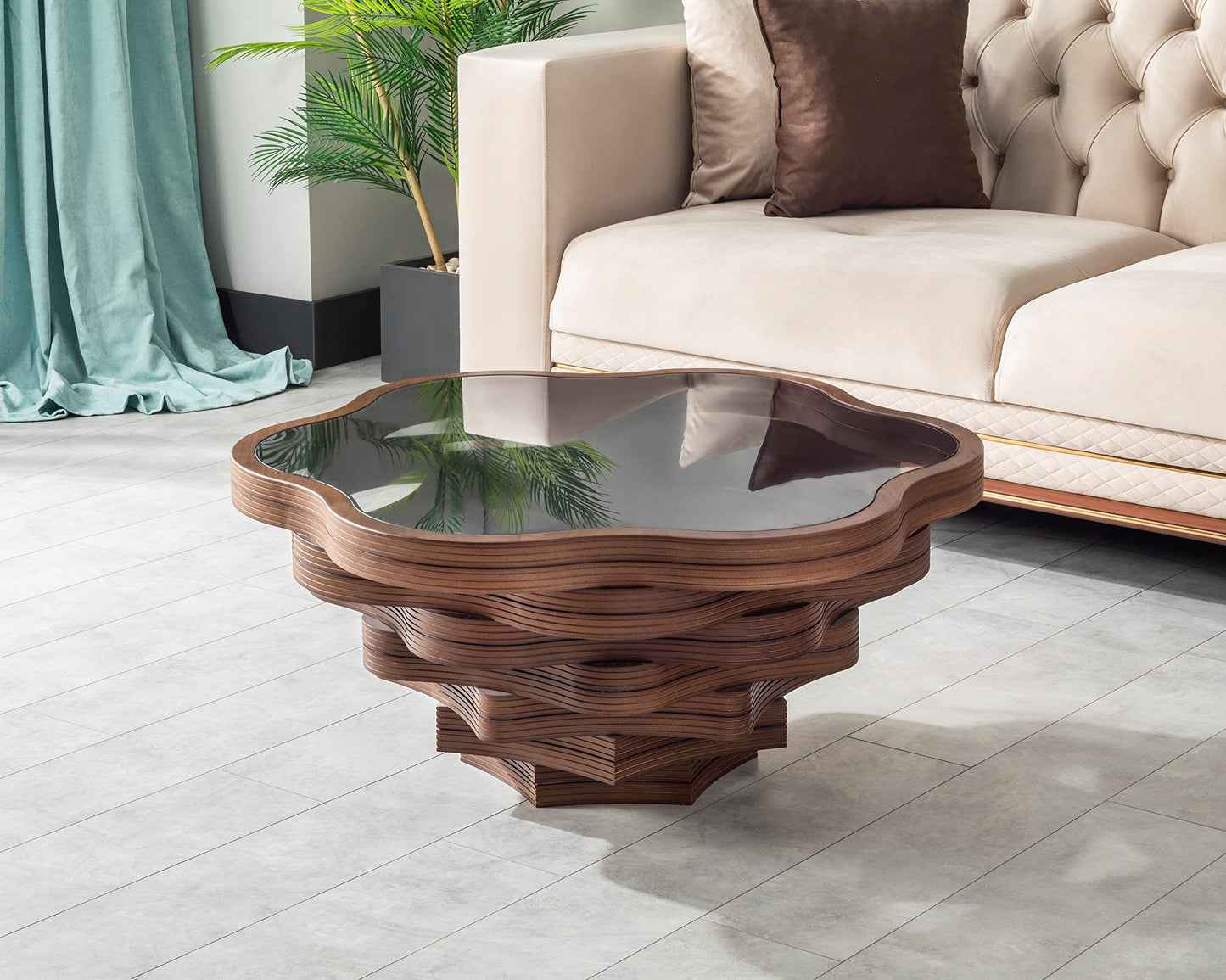 Papella Organic Round Coffee Table – Wavy Walnut Wood Base with Tempered Glass – Artistic Center Table for Modern Interiors, Studio & Office Furniture, Daisy Model