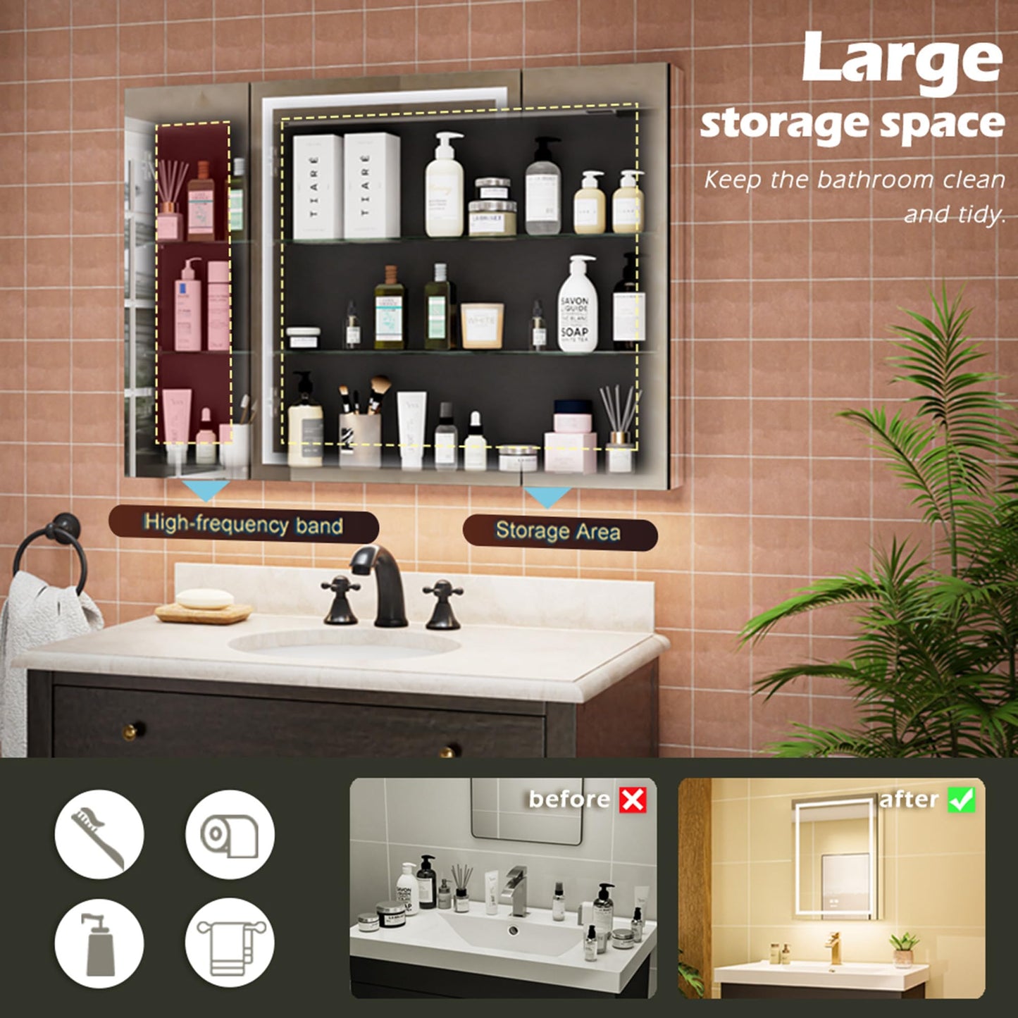 GANPE LED Lighted Bathroom Medicine Mirror Cabinet with Sockets & USBs, Anti-Fog Dimmable Light and Color Adjustment, Easy to Install Aluminum Cabinet (40 * 28 Three-Door)