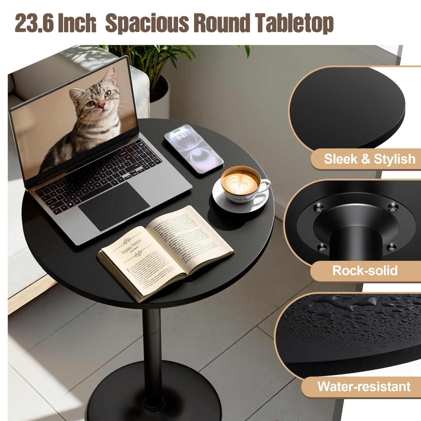 Furmax Bistro Pub Table Round Bar Height Cocktail Table for Home Bar, Round Bar Tables for Party, Dining Room, Living Room and Wedding, Metal Base MDF Top Obsidian, 40.6 Inch Height (1, Dark Black-1)