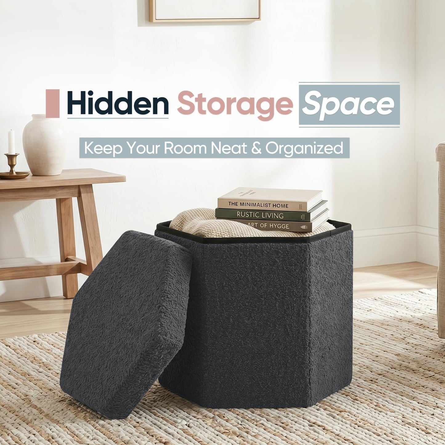 ZOLANOful Hexagon Storage Ottoman, Foldable Boucle Footrest with Hidden Storage, Upholstered Ottoman Footstool for Living Room, Bedroom, Dorm, Entryway, 15 x 16.9 x 15 Inches, Darkgrey