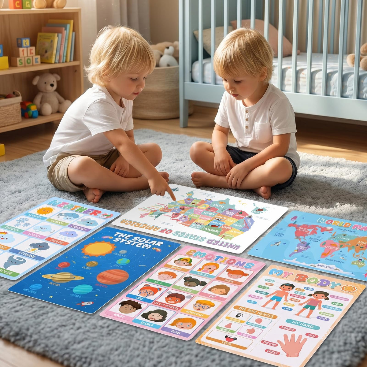 Gorsbark 18 Educational Posters for Toddlers 1-3, Laminated Learning Posters with Alphabet & Numbers Chart, Boho Classroom Kindergarten Preschool Decor, 11"x17"