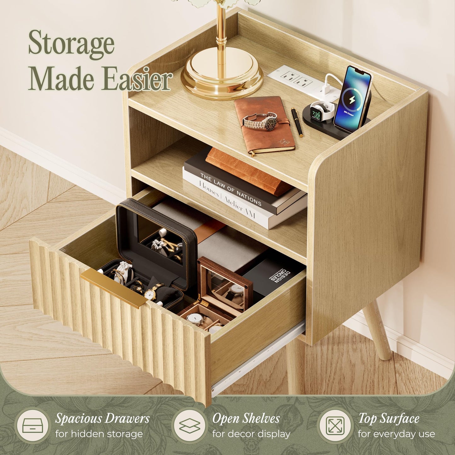 Huuger Nightstand with Charging Station, USB-C Port, Fluted Night Stand with Drawer, Bed Side Table with Solid Wood Feet, Open Storage, End Table with Raised Edge, for Bedroom, Natural
