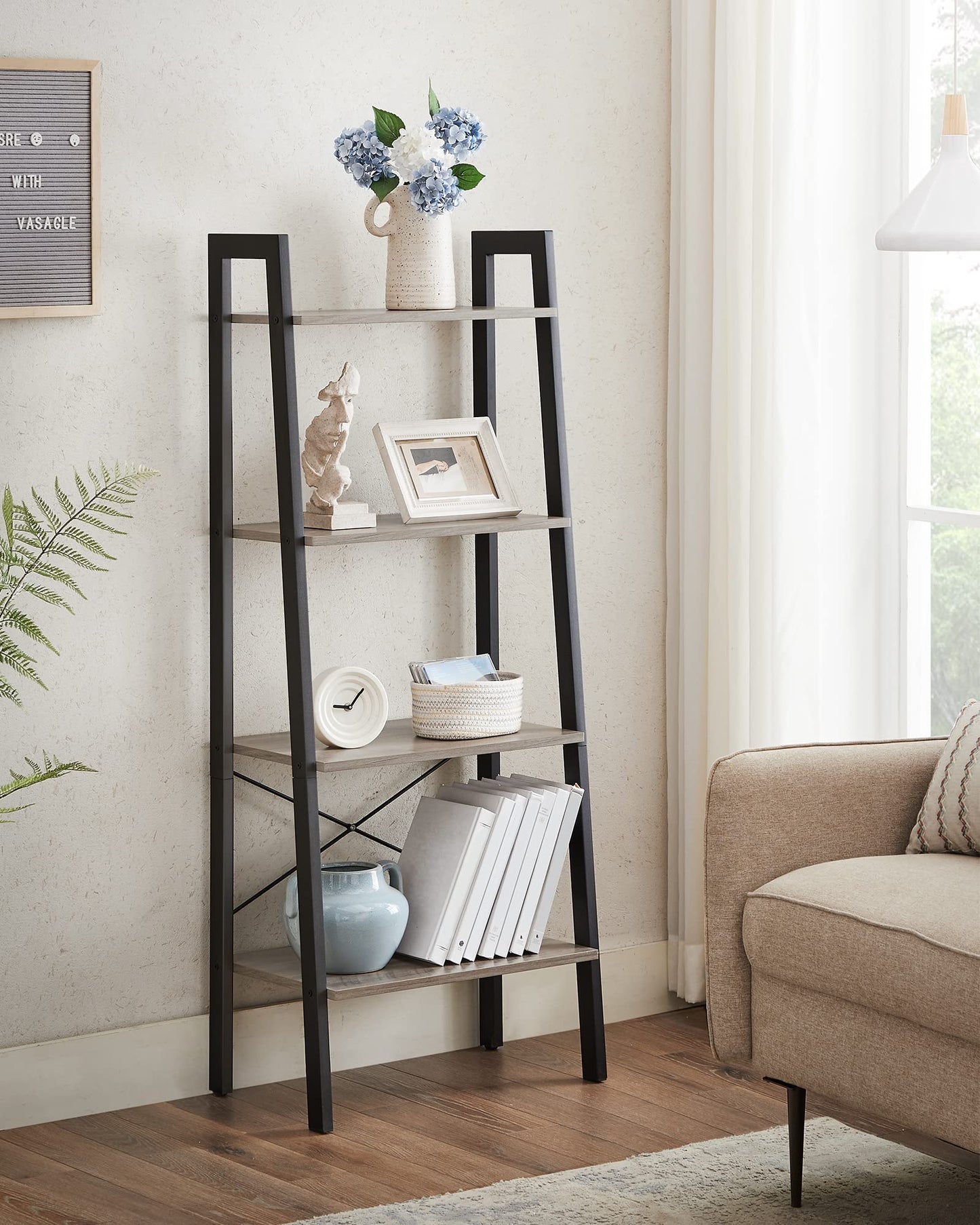 VASAGLE BARNET Collection - Ladder Shelf, Bookshelf, Storage Rack, Modern Bookcase for Living Room Home Office Kitchen, Steel Frame, 4-Tier, 22-Inch Wide, Heather Greige and Ink Black ULLS44MB