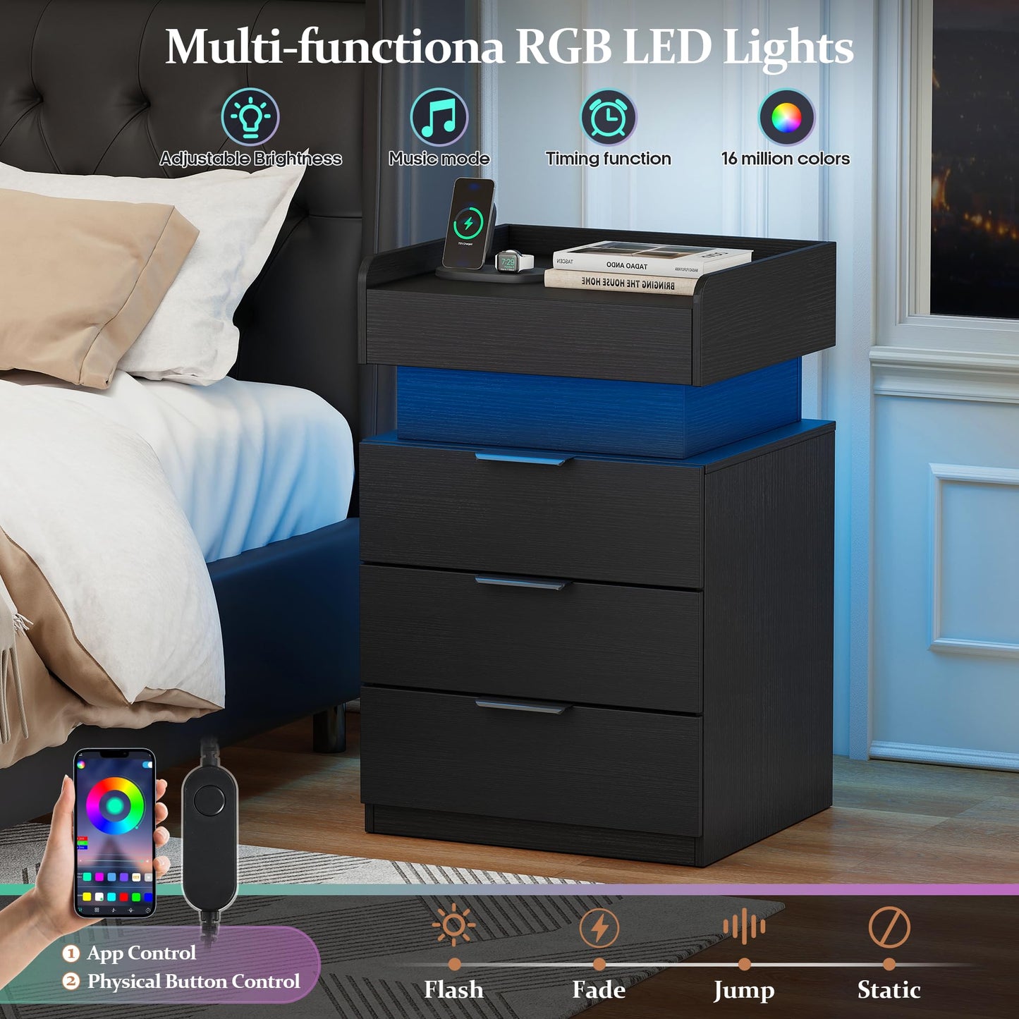 Turosur Night Stand with Gun Drawer, LED Nightstand with Charging Station, Wood Bedside Table with Hidden Storage and 3 Drawers for Bedroom, Modern Black
