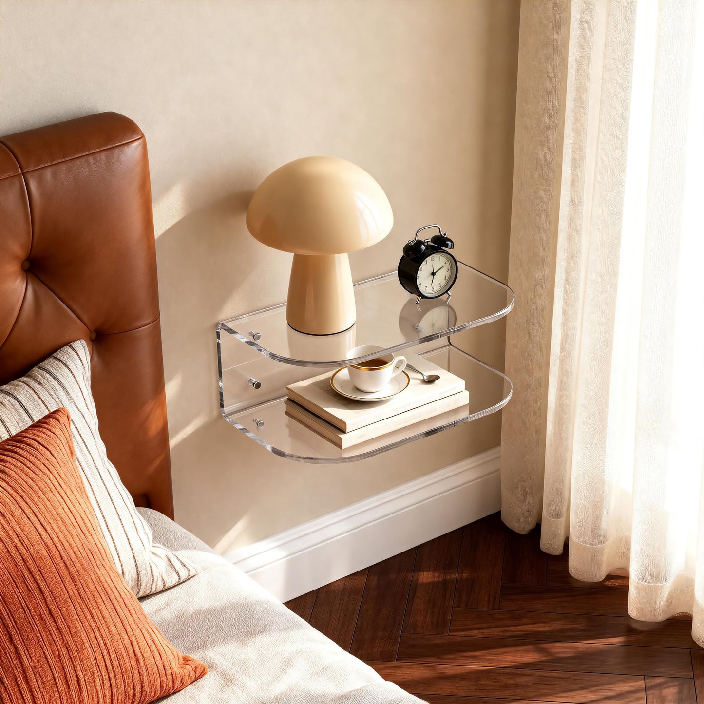 Dewrhiixe Acrylic Floating Nightstand, Wall Mounted Bedside Table Shelf (Clear, 15.7”×9.4“×5.9”)