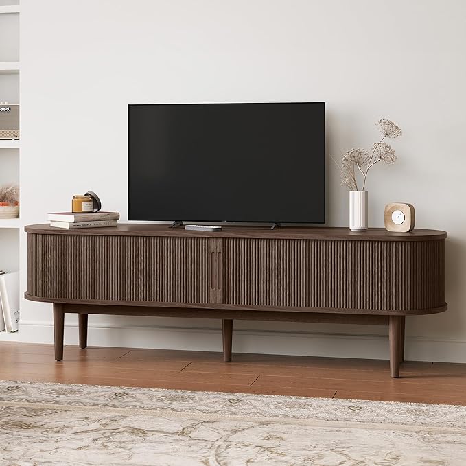 LINSY HOME 70" Fluted TV Stand for TVs up to 80 Inch, Mid Century Modern