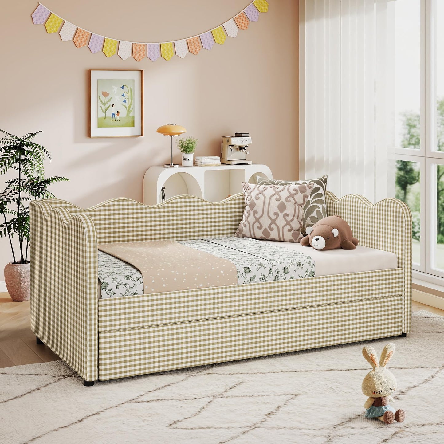 Twin Size Daybed with Pop Up Trundle, Twin to King Gingham Daybed with USB, Upholstery Adorable Wave Shaped Linen Sofa Bed, No Box Spring Needed, Extendable Day Bed for Bedroom, Living Room, Brown