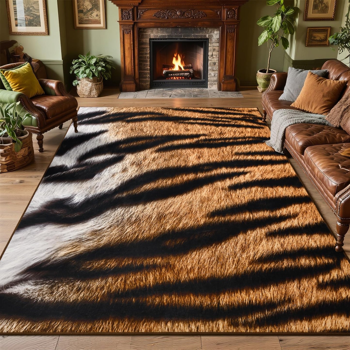 DweIke Tiger Rugs for Living Room, 4x6 Soft Faux Animal Tiger Print Area Rug, Washable Non-Slip Stain Resistant Throw Carpet for Dining Room Office Western Home Decor, Yellow