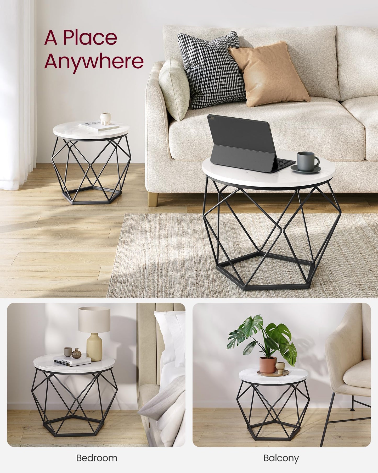 VASAGLE Small Coffee Table Set of 2, Round Coffee Table with Steel Frame, Side End Table for Living Room, Bedroom, Office, Marble White and Ink Black