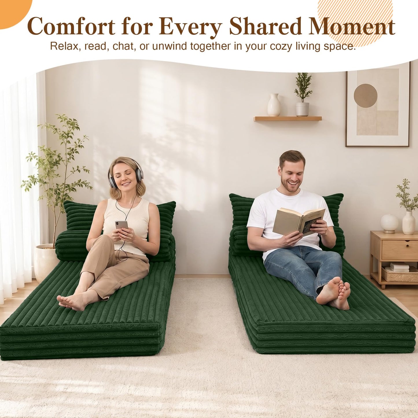 MeMoreCool Convertible Sofa Bed, Folding Floor Couch Bed Queen, Pull Out Sleeper Couch with Pillows, Fold Out Futon Sofa for Bedroom Living Room Small Space, Corduroy Green