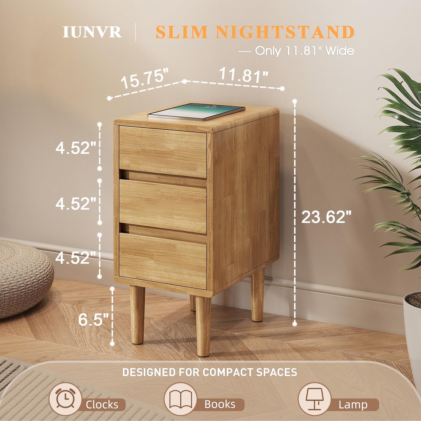 Nightstand with 3 Drawers Narrow Night Stand Solid Wood Bedside Table Mid Century Modern Nightstand Wooden End Table for Bedroom, Study, Office