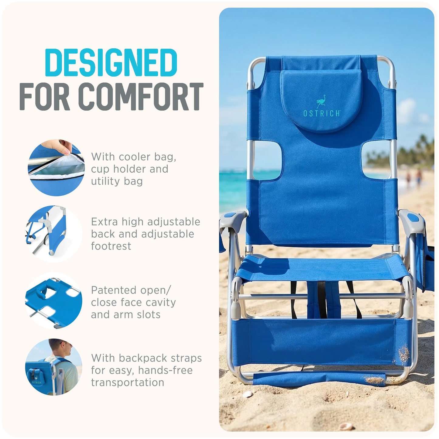 Ostrich the Backpack 3N1 Portable Chair with Cooler Bag and Reclining Lounger for Tanning, Camping, Beach, and Outdoor Essential, Blue