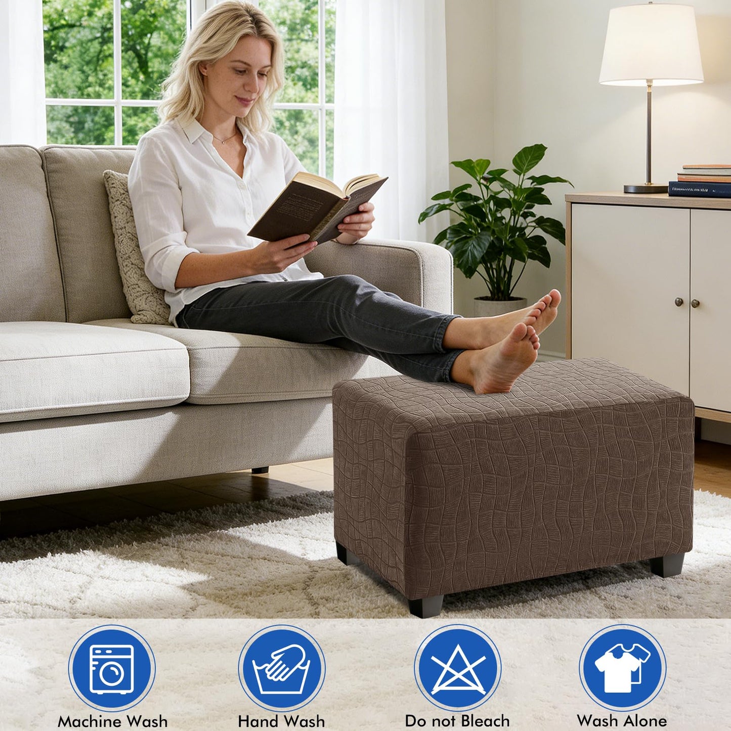 MAXIJIN Waterproof Ottoman Cover Rectangle Stretch Ottoman Slipcovers Square Thick Stool Covers Storage Footrest Furniture Protector with Non-Slip Elastic Bottom (Small, Coffee)