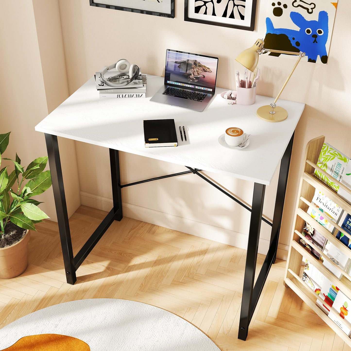 DUMOS 32 Inch Small Computer Desk for Home Office, Modern Study Work Table Simple Style for Bedroom, Writing Desks with X-Shaped ReInchforcement, Black