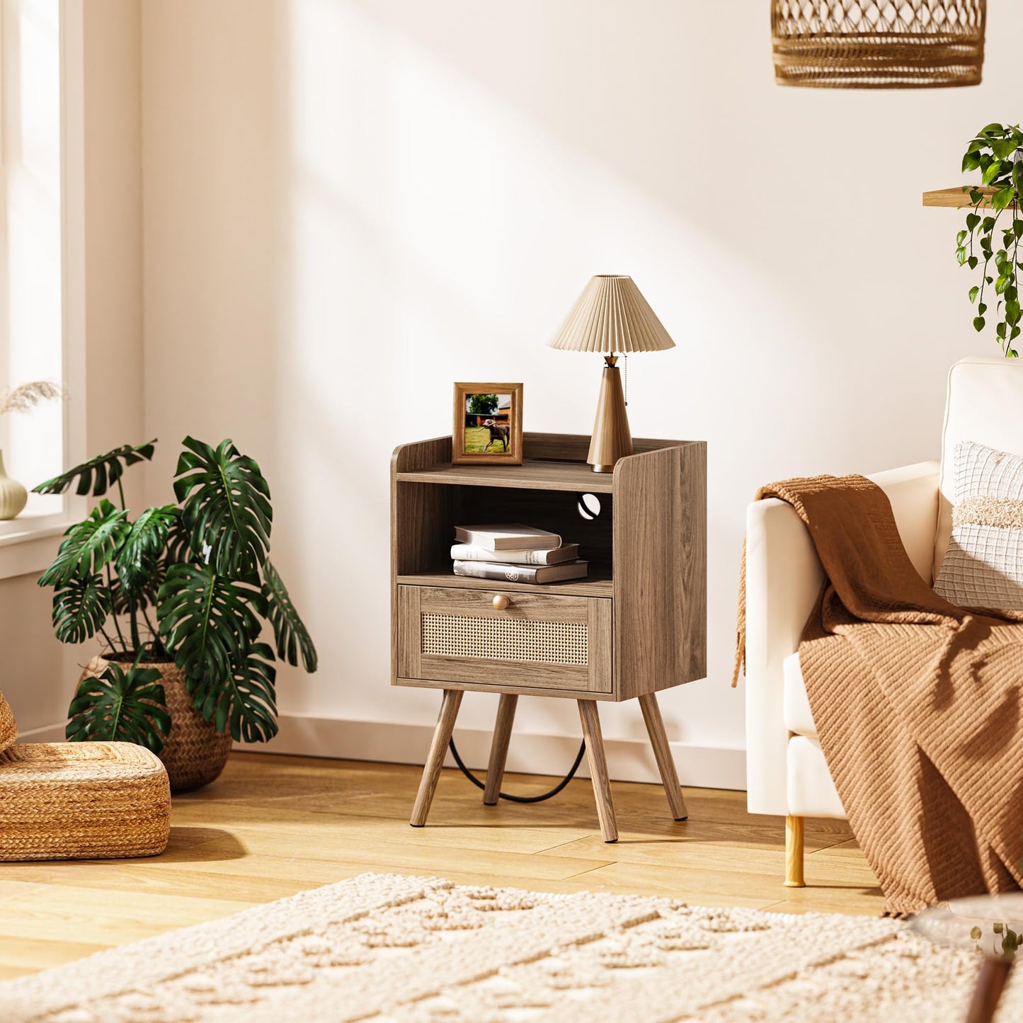 SUPERJARE Nightstand with Charging Station & Rattan-Like Decor Drawer, Rattan End Table with Solid Wood Feet, Bed Side Table with Open Storage, for Bedroom, Living Room, Dormitory, Walnut