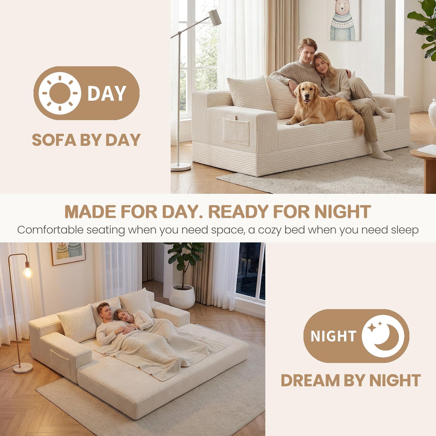 feliz home 78.5” Convertible Sofa Bed,Corduroy 3 Seater Boneless Couch Bed Futon,Fold Out Couch with 3 Pillows,Loveseat Sleeper with Pull Out Bed for Living Room, Guest,Bedroom,Beige