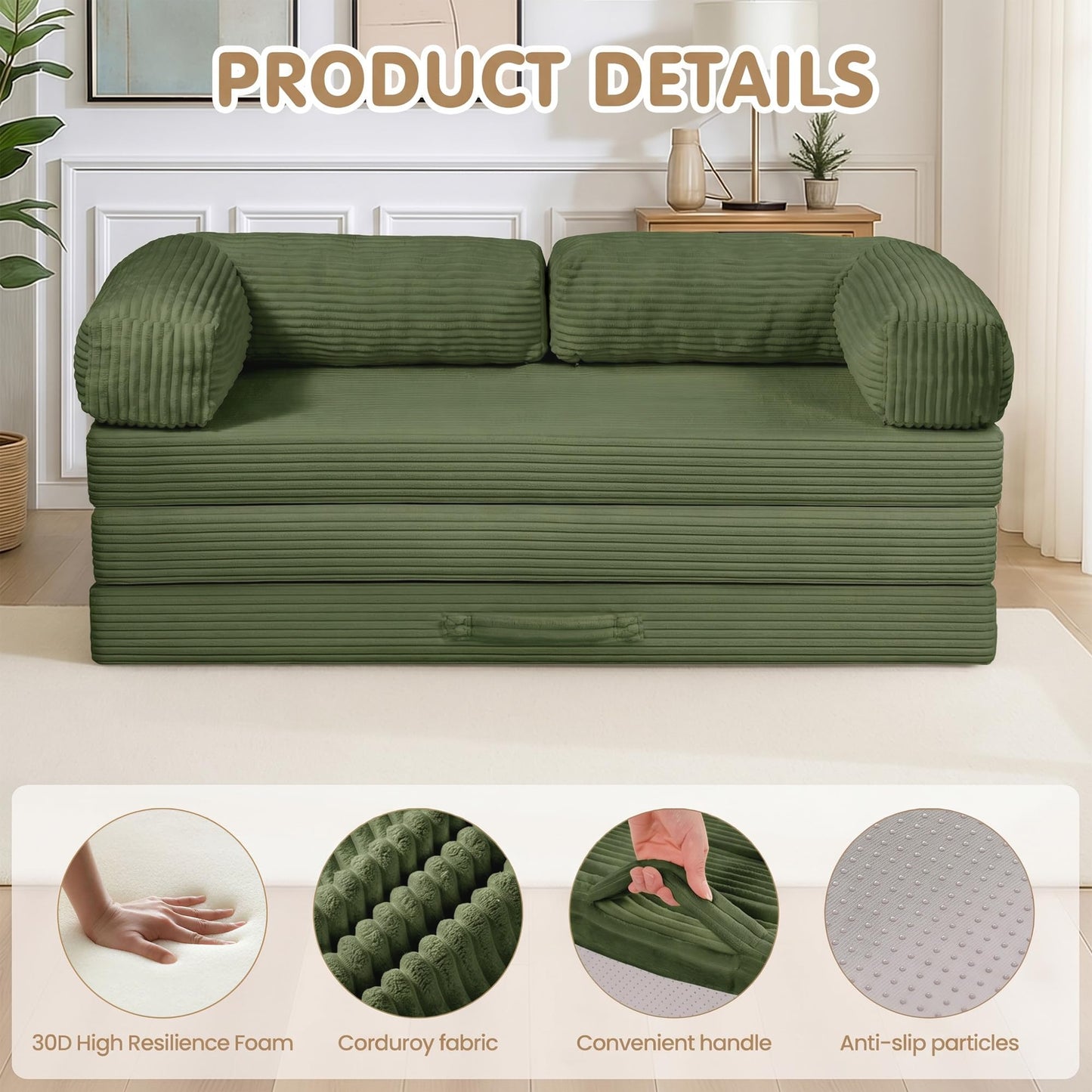 Convertible Sofa Bed,60" Boneless Couch,Tri Folding Floor Mattress with Removable L-Shaped Armrests & Handle,Corduroy Futon Couch Sleeper with Pull Out Bed for Living Room Bedroom Apartment
