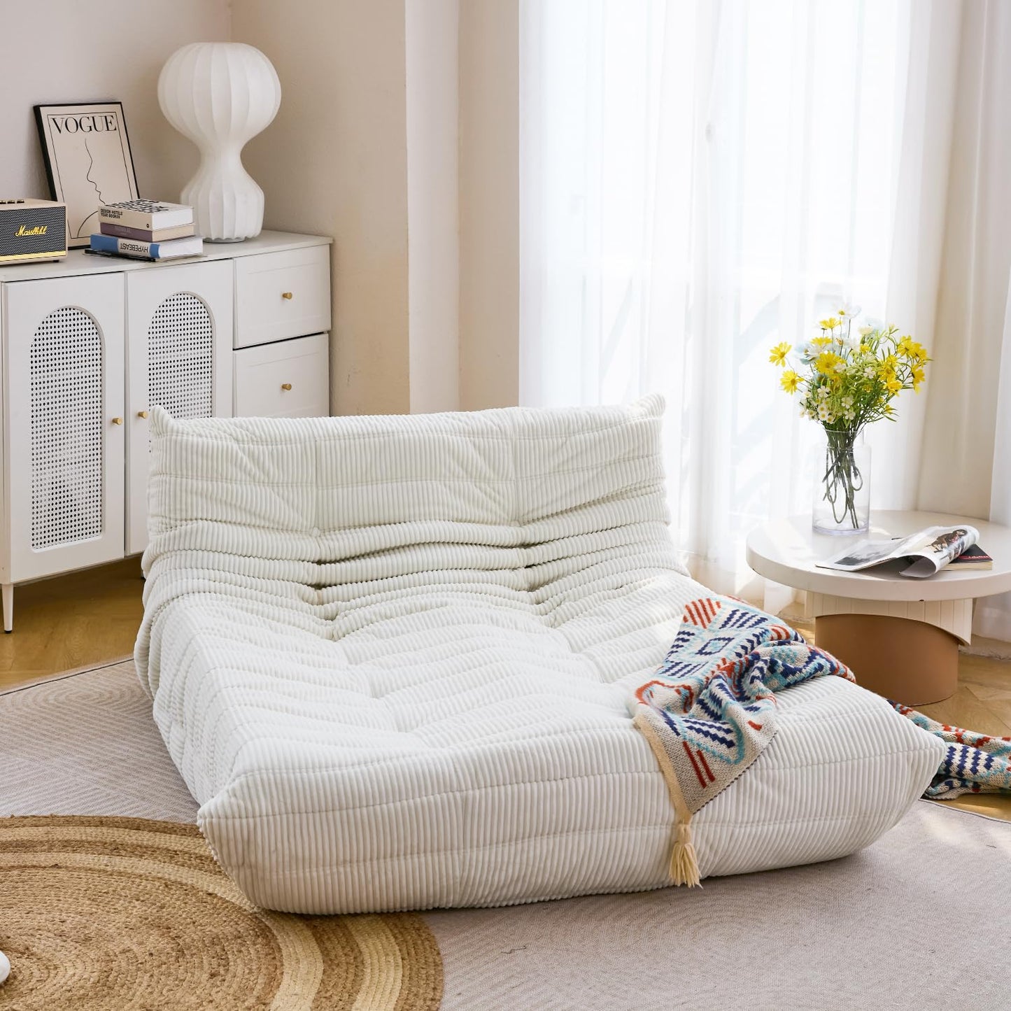 N&V Fireside Lounge Chaise Chair, Mid Century Armless Floor Lounger Sofa, Soft Premium Corduroy Floor Lounge Chair, Foam Sofa Accent Lounger for Living Room Bedroom and Office, Ivory