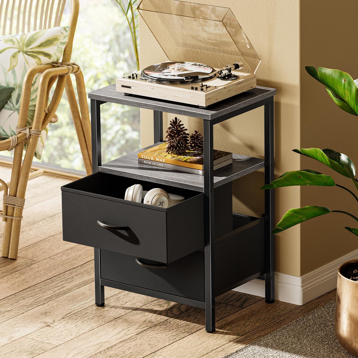 Huuger Night Stand with 2 Drawers, Bed Side Table with Open Shelf, Wooden Top, Nightstand for Bedroom, End Table for Small Space, Fabric Drawer, Grey