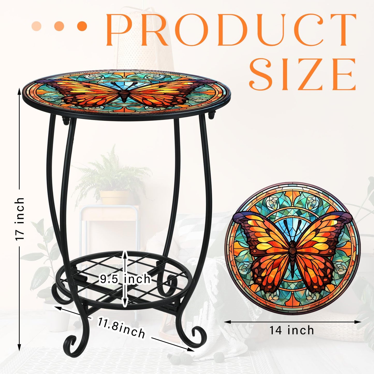 Cinnvoice Outdoor Side Table Round Small Mosaic Patio Accent Indoor End Plant Coffee Tea Table for Yard Patio Porch Garden Living Room, Bedroom(Butterfly B Style,14 Inch)