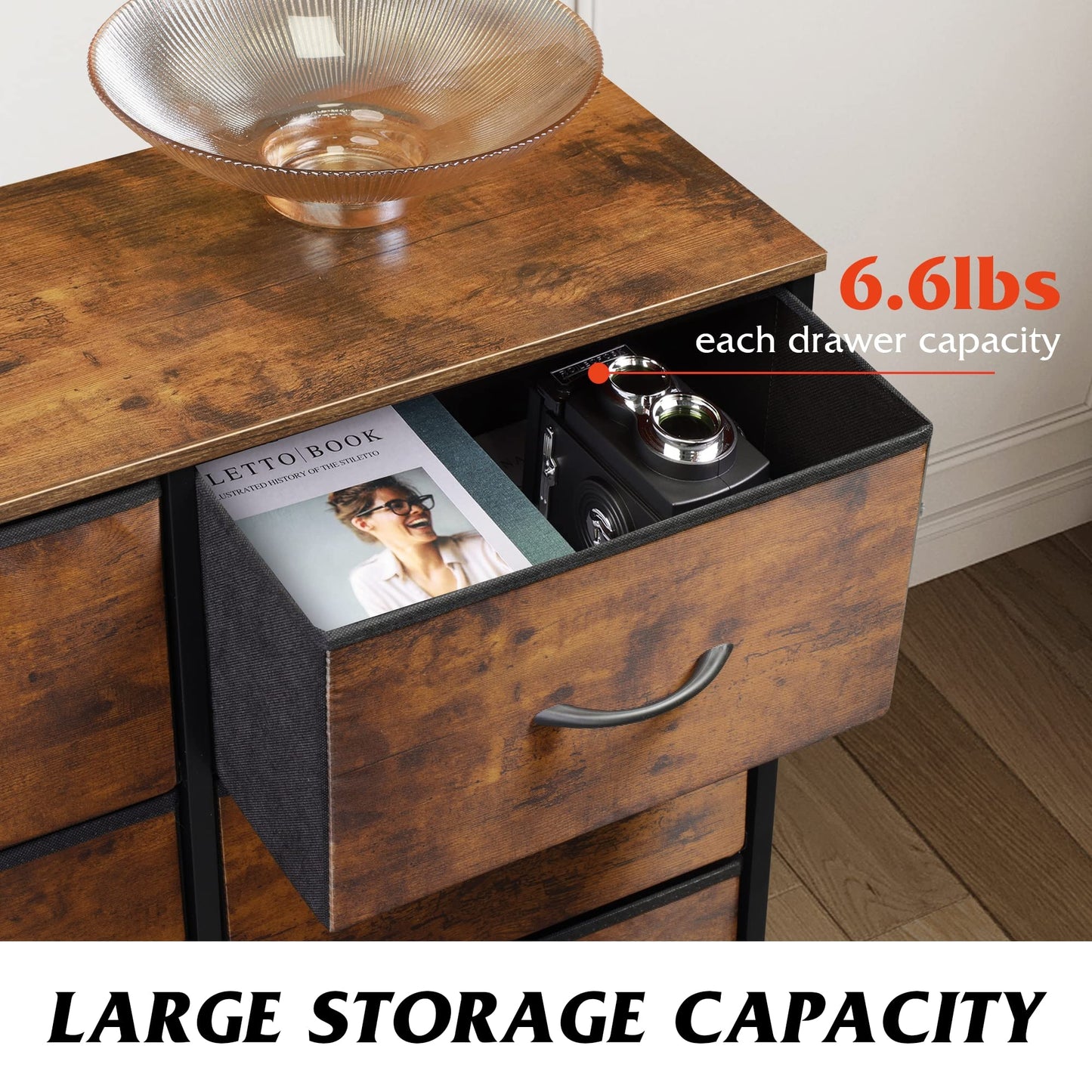 WLIVE Dresser for Bedroom with 6 Drawers, Closet Dresser with Metal Frame, Wooden Top, Fabric Dresser for Closet, Living Room, Hallway, Rustic Brown Wood Grain Print
