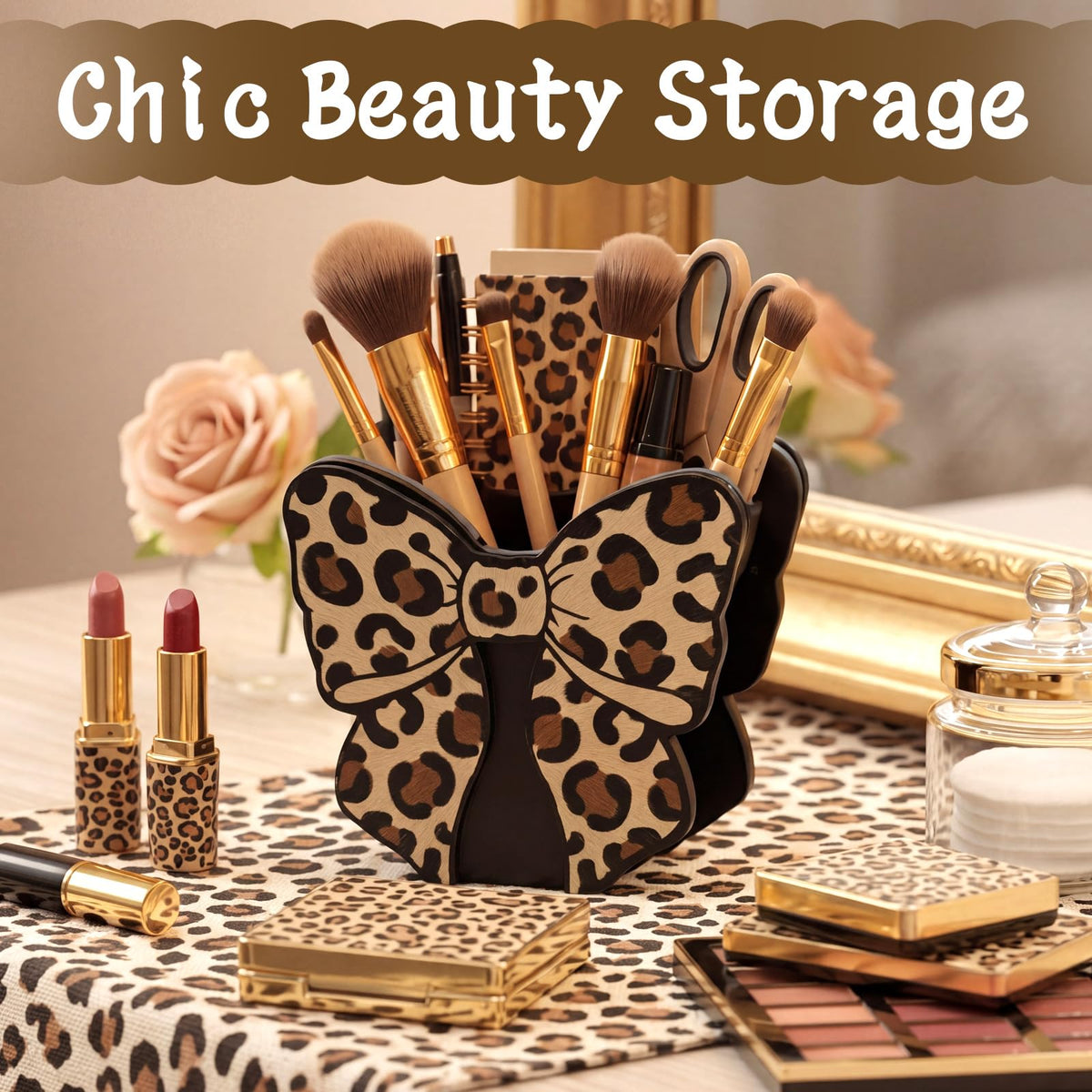 Tenceur Leopard Print Bow Holder for Desk Large Capacity Bow Wooden Pencil Holder Coquette Supplies Desk Organizer Cute Teacher Office Decor Makeup Brush Holders Back to School Gift for Girls Women