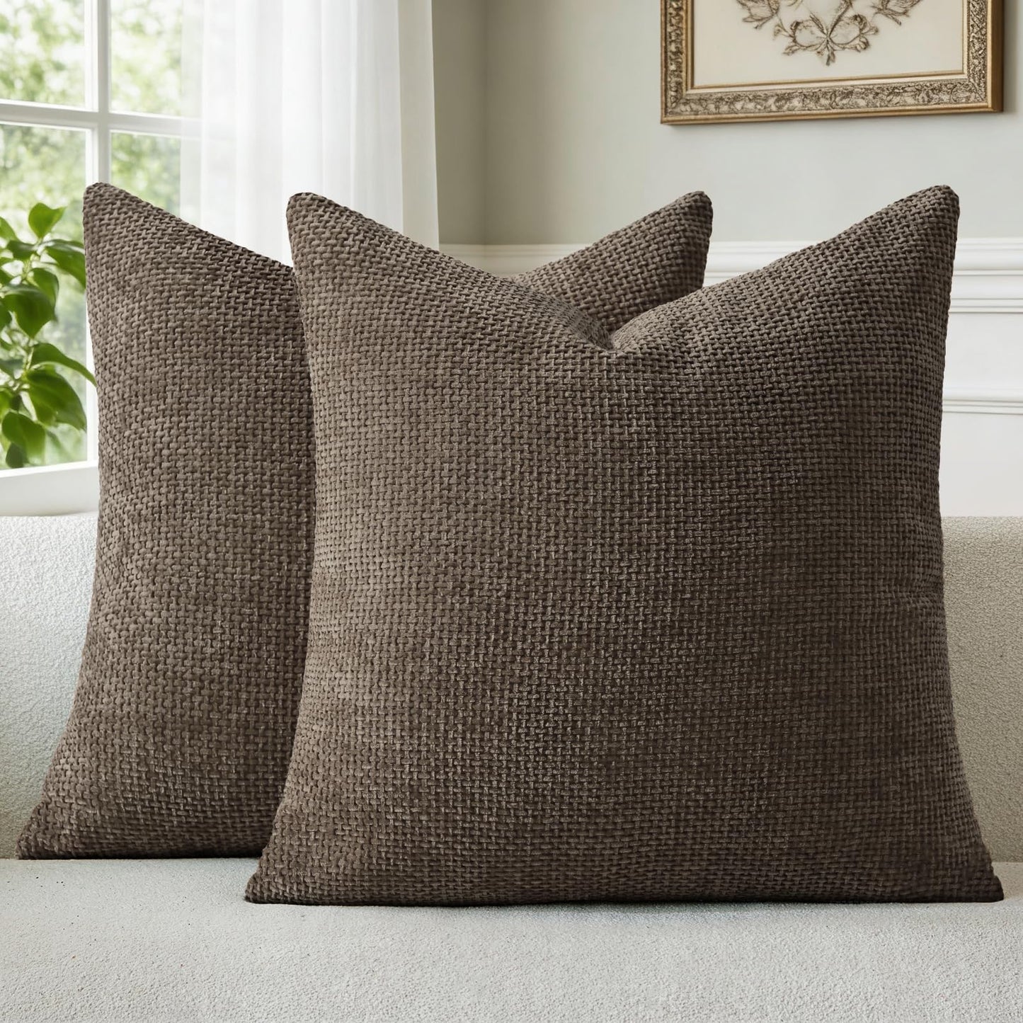 a moment Dark Brown Chenille Throw Pillow Covers 18x18 Inch Pack of 2 Modern Decorative Throw Pillow Covers Farmhouse Cross Covers Home Decor for Sofa Bedroom Living Room