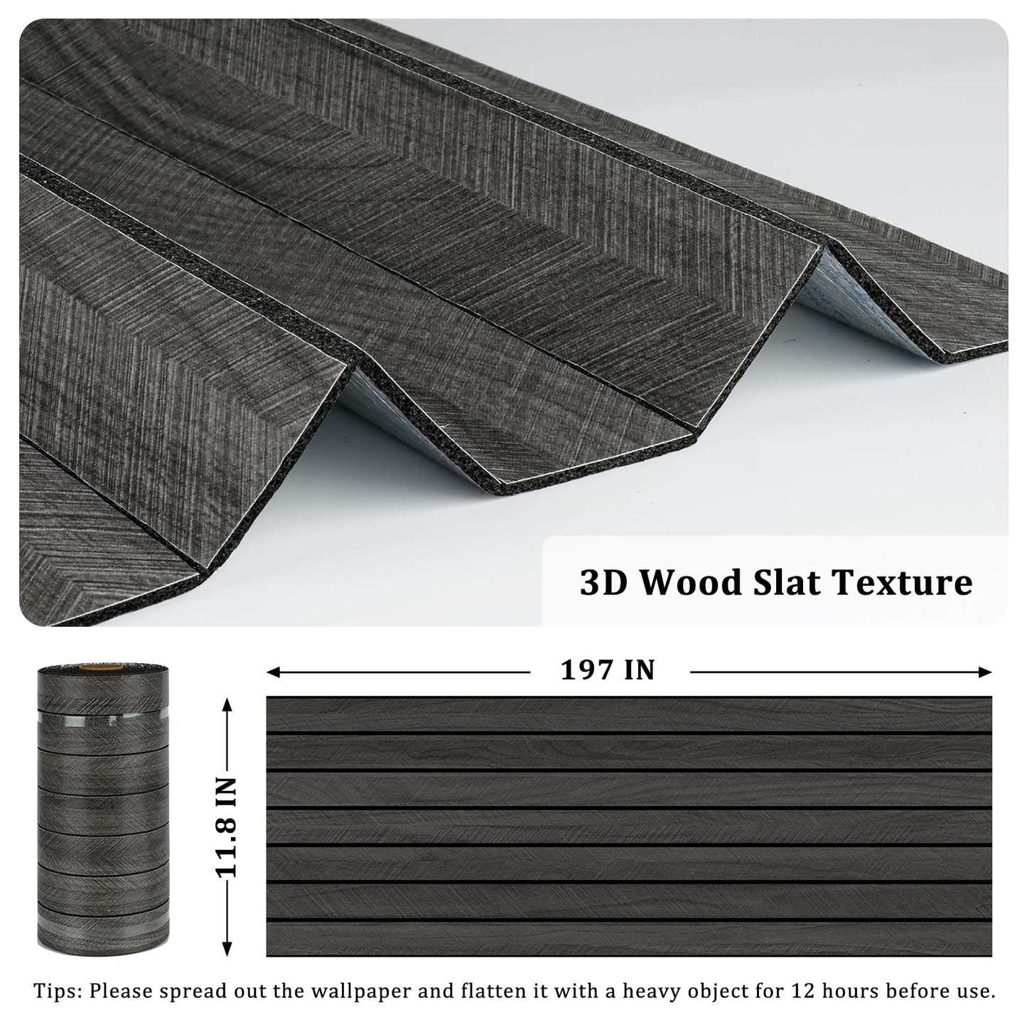 STICKEEP Grey/Black 3D Wood Panels for Wall Decor 197"x11.8" Peel and Stick Faux Wood Wall Panel Self Adhesive Soundproof Wooden Slats Paneling Wallpaper for Living Room Bedroom Office Work Shop
