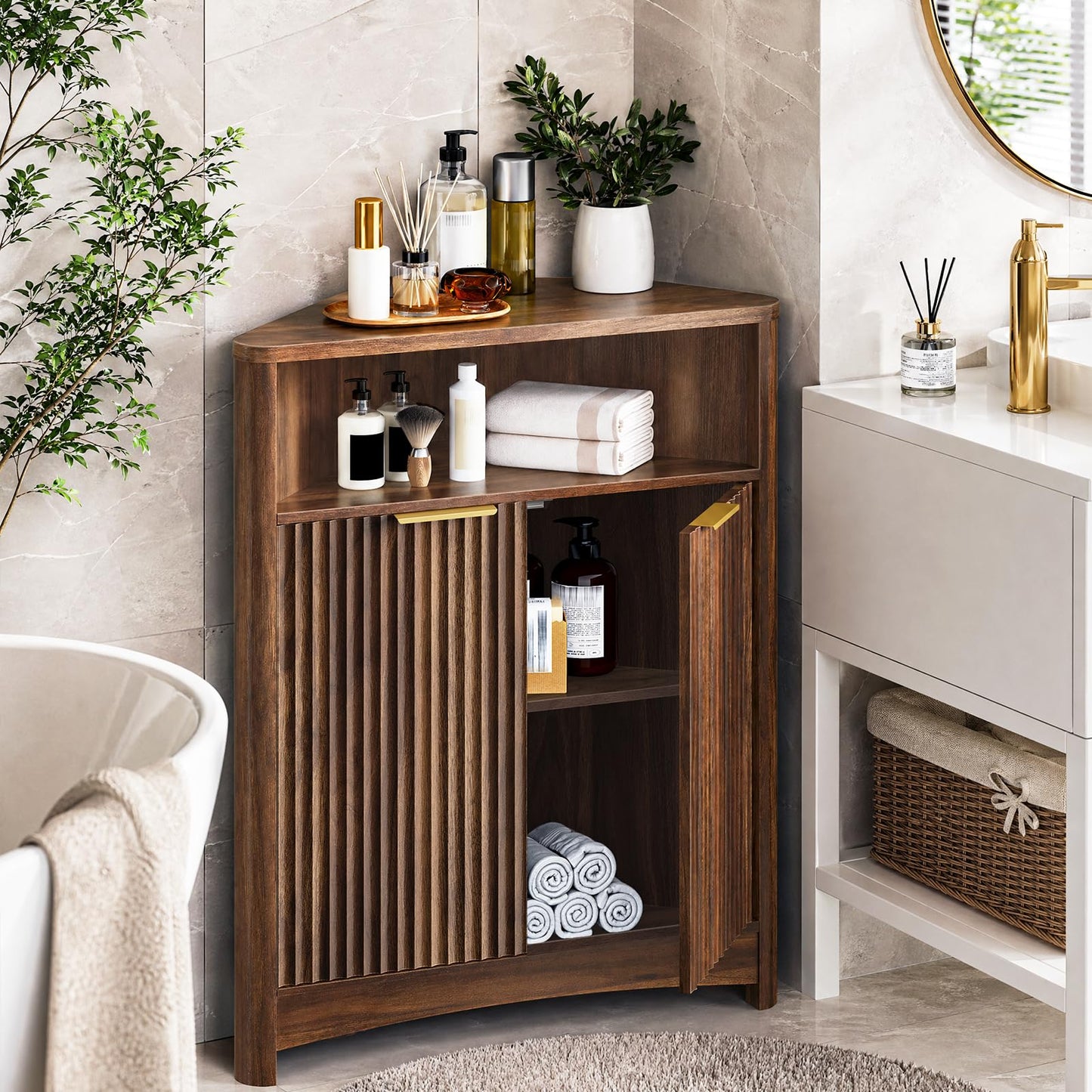 CHOEZON Corner Cabinet, Corner Storage with Fluted Panels and Adjustable Shelf, Modern Floor Cabinets for Small Spaces, Bathroom, Living Room, Kitchen, Walnut MCW23HT