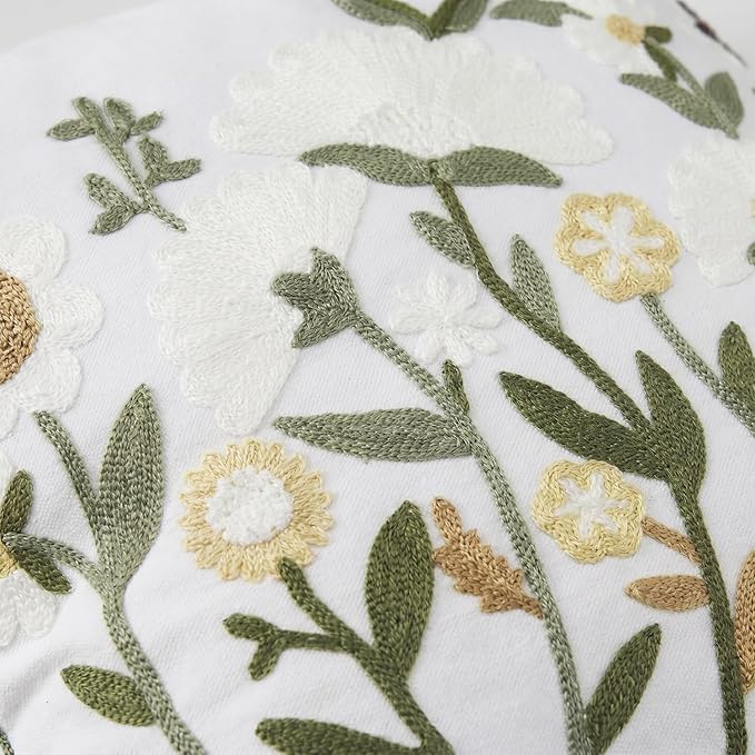 Neutral Floral Embroidered Throw Pillow Covers 20x20 Inch White Daisy Camel