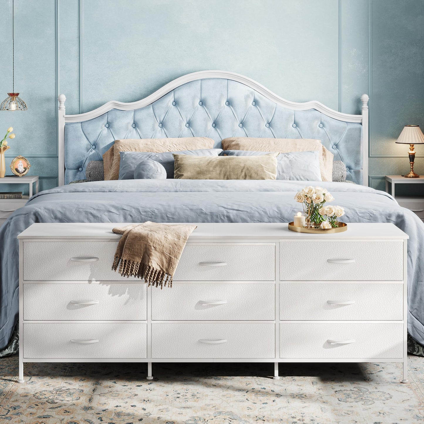 Huuger 63 Inch Dresser for Bedroom, Dresser for Closet with 9 Fabric Drawers, Large TV Stand for 55, 65, 70 Inch TV, Entertainment Center with Storage, Wide Long Chest of Drawers, White