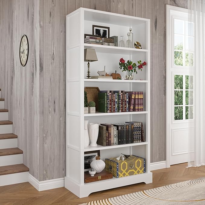 TVU 5-Tier Wooden Book shelf, Floor-Standing Display Bookcase, Farmhouse Style
