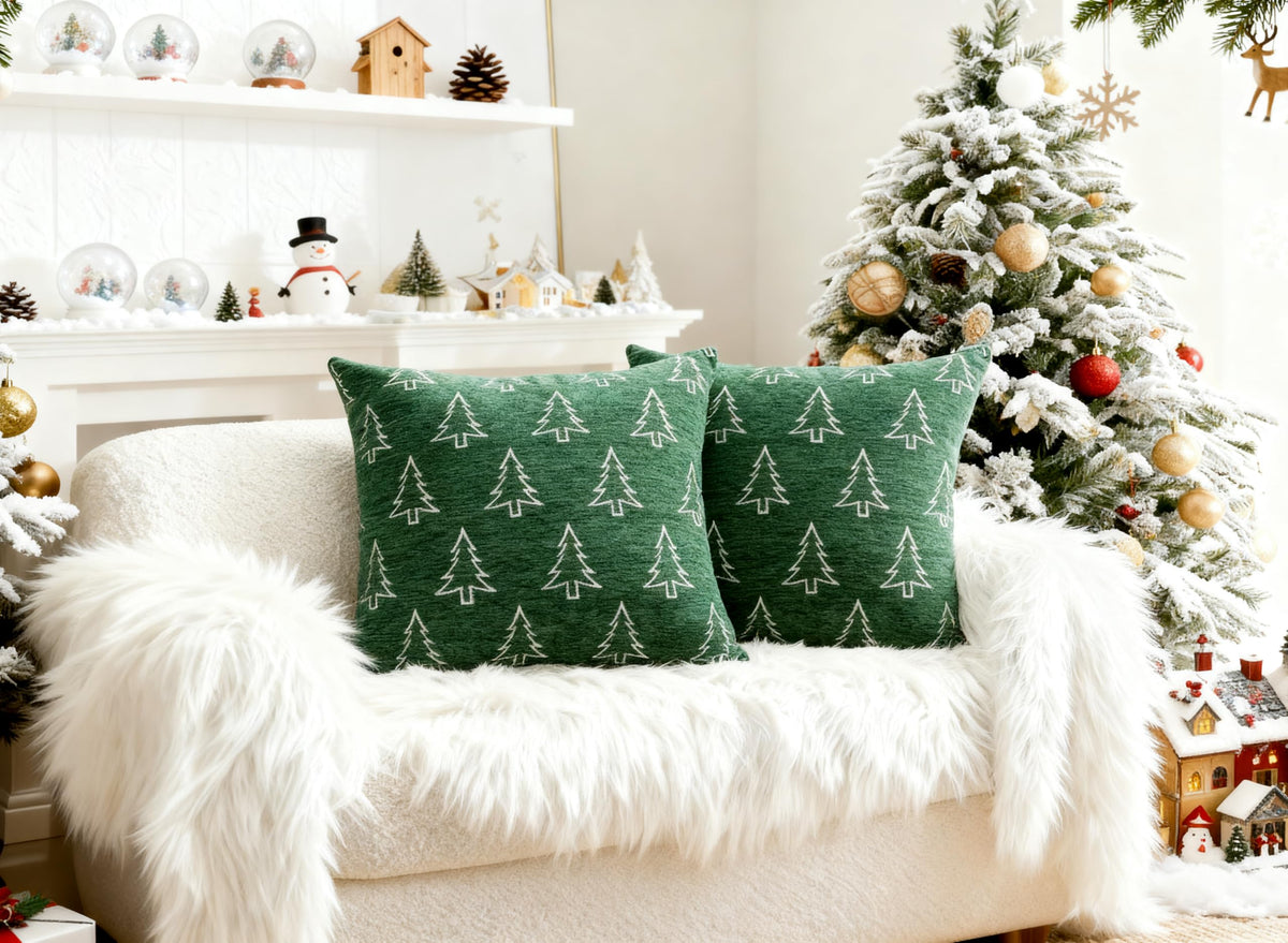 Auomily Soft Chenille Christmas Pillow Covers 18x18 Set of 2, Reversible Snowflake & Tree Pattern, Thick & Cozy Farmhouse Holiday Cushion Cases with Hidden Zipper for Sofa Couch Bed(Green,18x18)