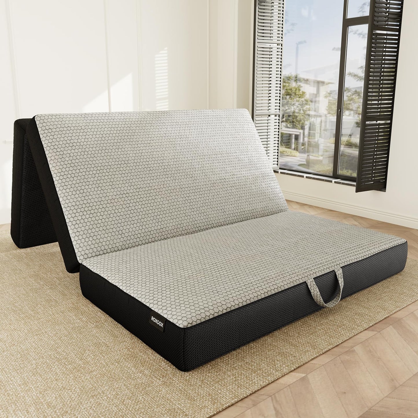 ROXGOX Memory Foam Trifold Mattress, 6 Inch Full Foldable Mattress, Portable Floor Bed with Washable Cover, Handle & Non-Slip Bottom, for RV, Travel, Camping, Yoga, 73"x52"x6", Grey