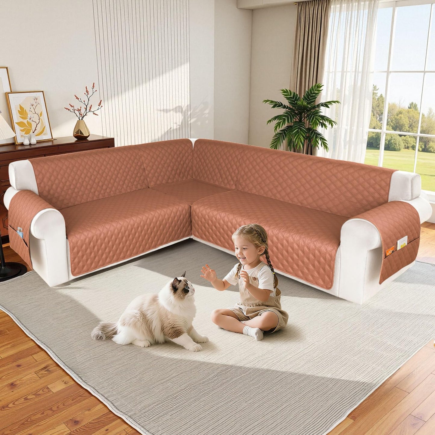 HDCAXKJ Waterproof Sectional Couch Cover L Shaped Sofa Covers Washable Corner Sectional Slipcovers Dog Pet Proof U Shape Furniture Protector with Upgraded Anti Slip Strips (X-Large, Brick Red)