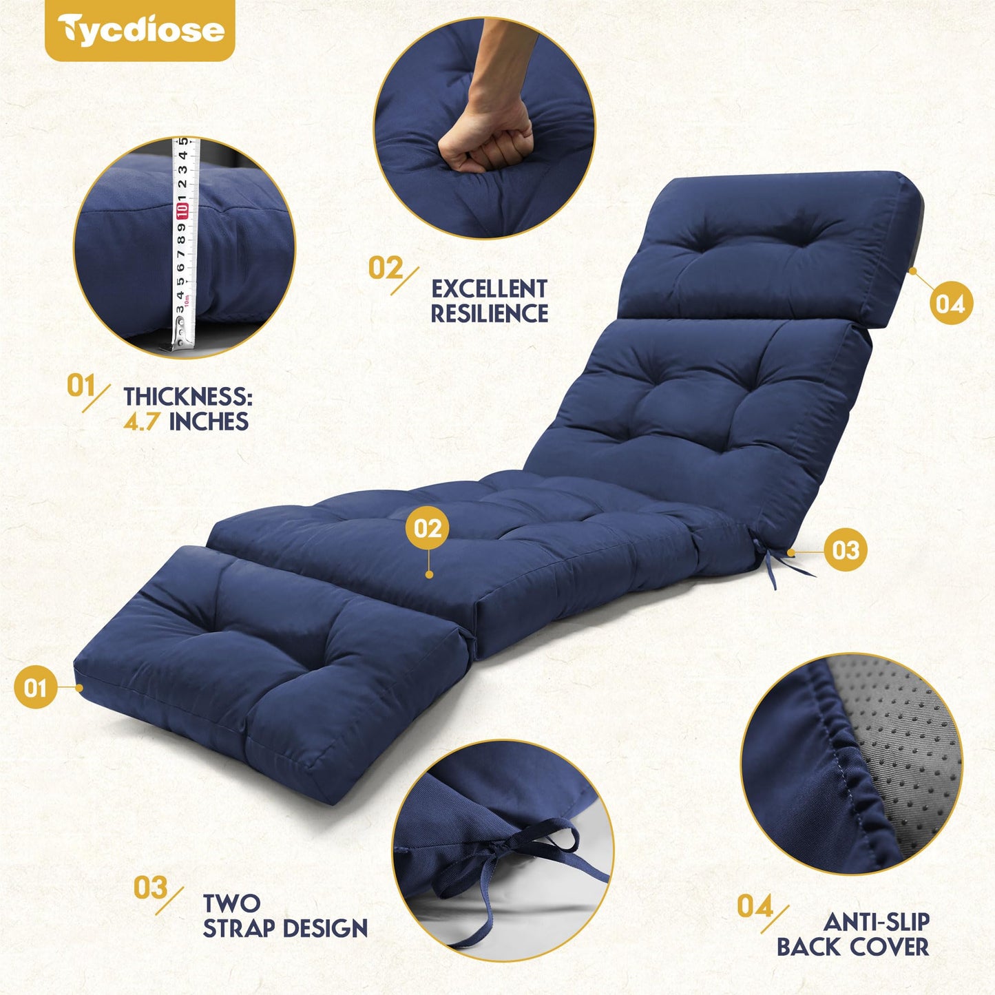 Tycdiose Waterproof Outdoor Chaise Lounge Chair Cushion 74.4 x 22 x 4.7 Inches Memory Foam Lounge Chair Cushions Replacement for Outdoor Furniture with Ties, Thickened Pool Lounge Chair Cushions, Blue