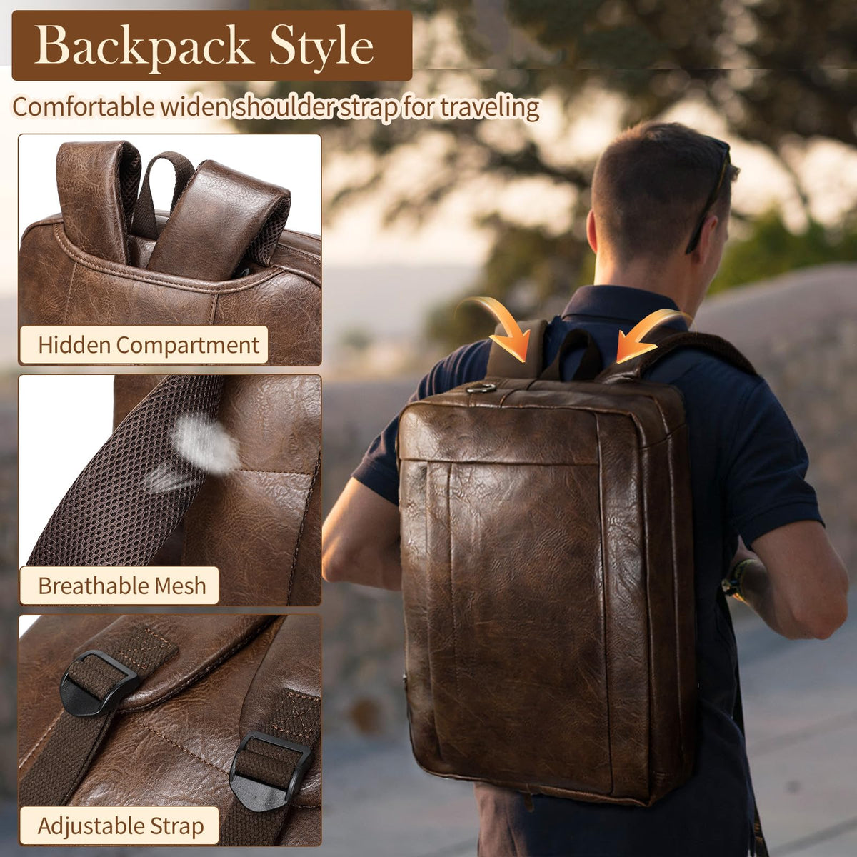 Faux Leather Messenger Bag for Men 17-17.3 Inch: Convertible 3 in 1 Backpack Laptop Bag Briefcase Computer Handbags Shoulder Crossbody Bag with Padded Laptop Sleeve for Work College Travel, PU Coffee