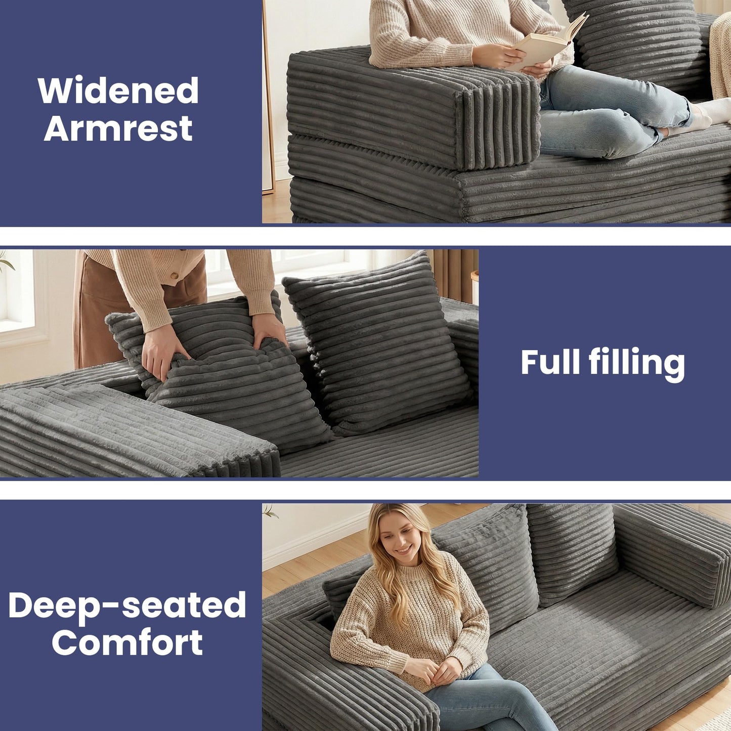 Winzoo Convertible Sofa Bed, 4-in-1 Boneless Loveseat with Removable Armrests Backrest, Corduroy Futon Couch Bed with Pillow, Foldable Mattress Sleeper Sofa for Living Room Bedroom Small Place (Grey)