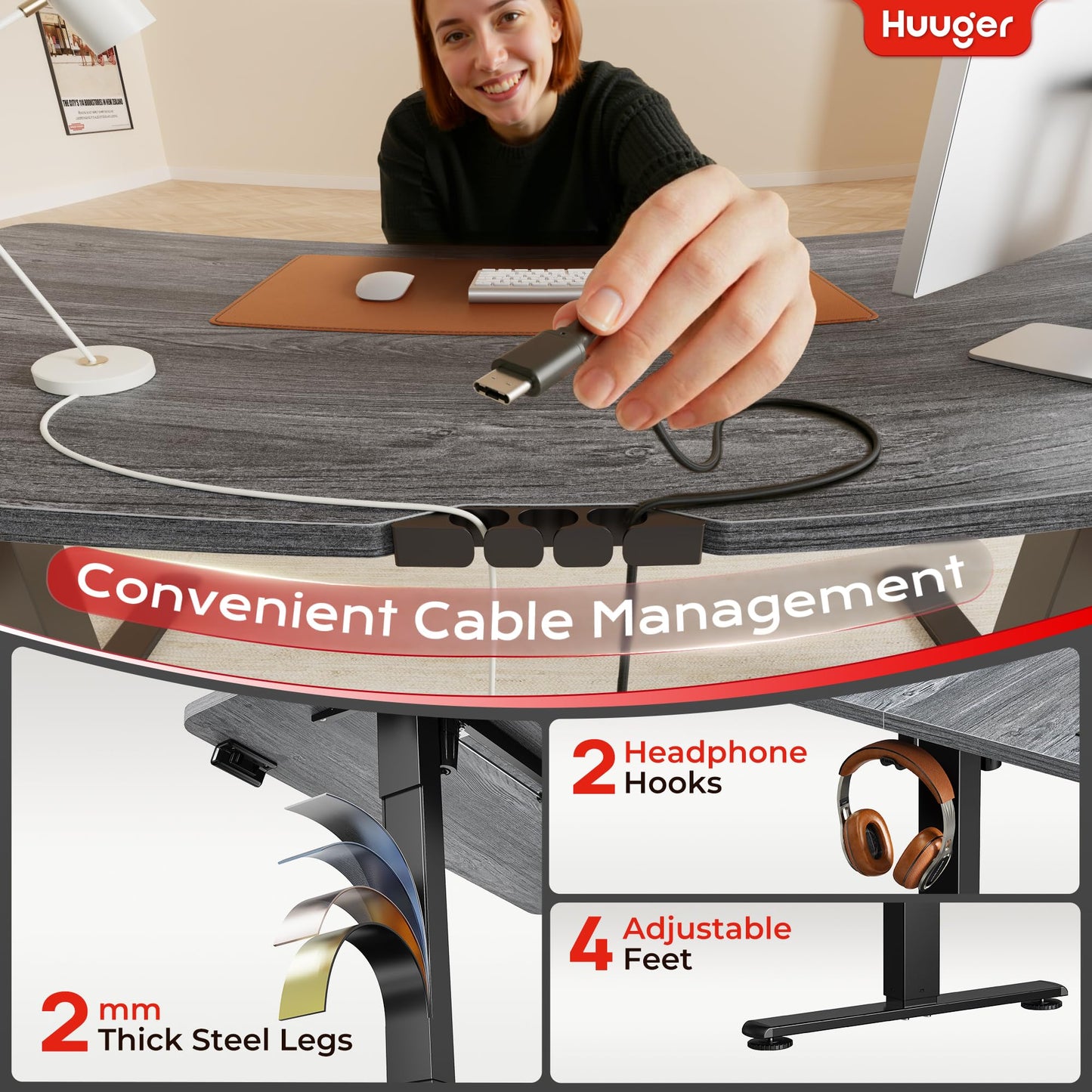 Huuger Electric Standing Desk with Power Outlets and USB-C Port, 47 X 24 Inch Height Adjustable Desk, Sit Stand Desk for Home Office, Computer & Gaming Desk with 4 Presets, Stable Steel Frame, Grey